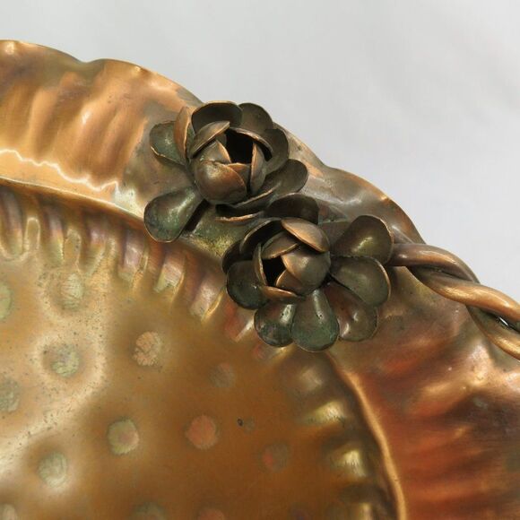 Gregorian Copper Serving Tray Hand Hammered Oval w Applied Flowers Twist Handles - Picture 7 of 10